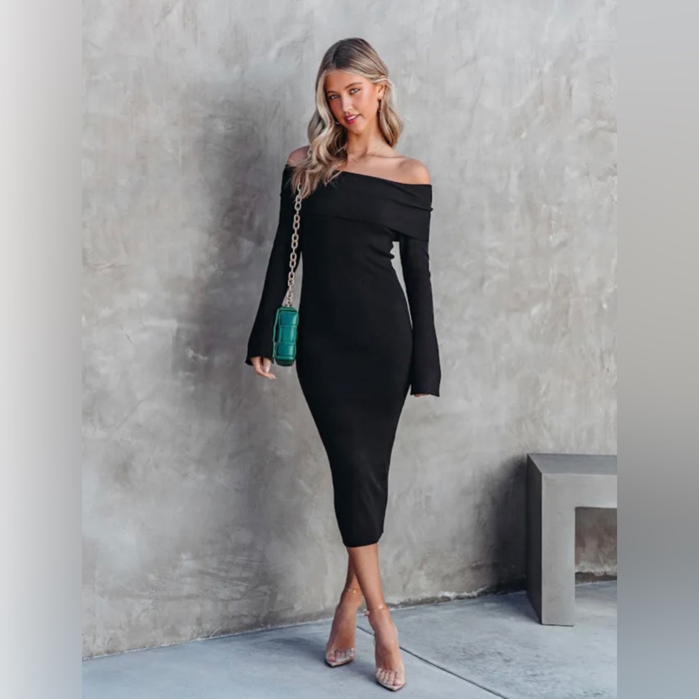 NTW! Vici Black Ribbed off the Shoulder Midi Dress